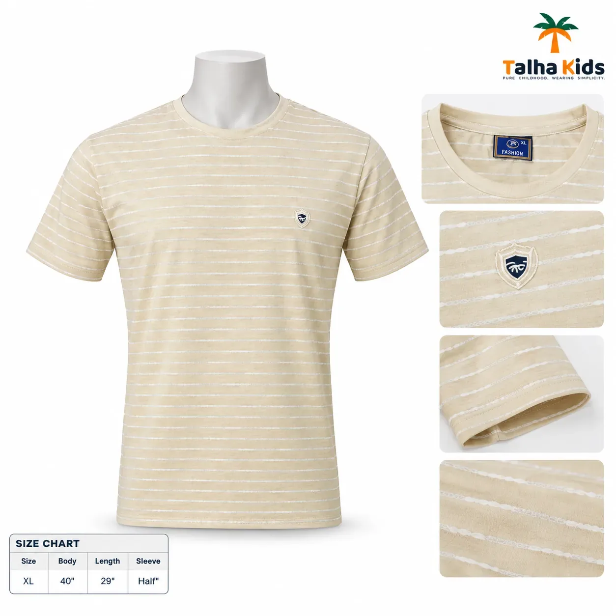 Men's Beige Striped T-Shirt – Short Sleeve, XL