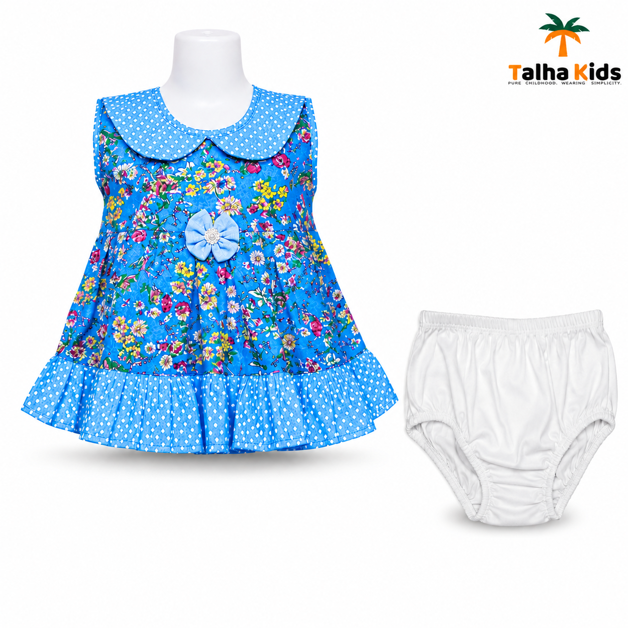 Royal Blue Floral Baby Frock with Polka Dot Collar & Half Pant