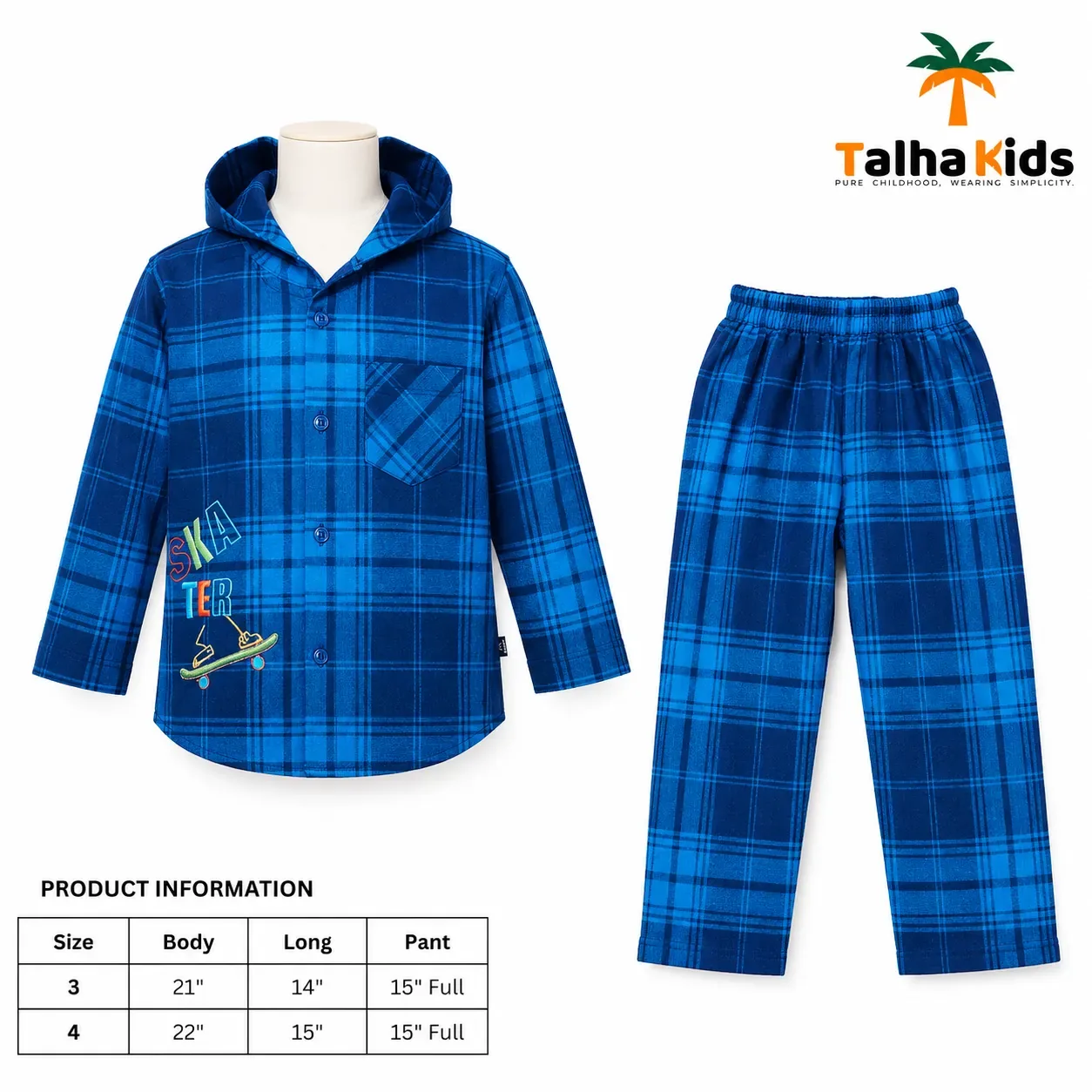 Kids Hooded Check Shirt – White & Blue