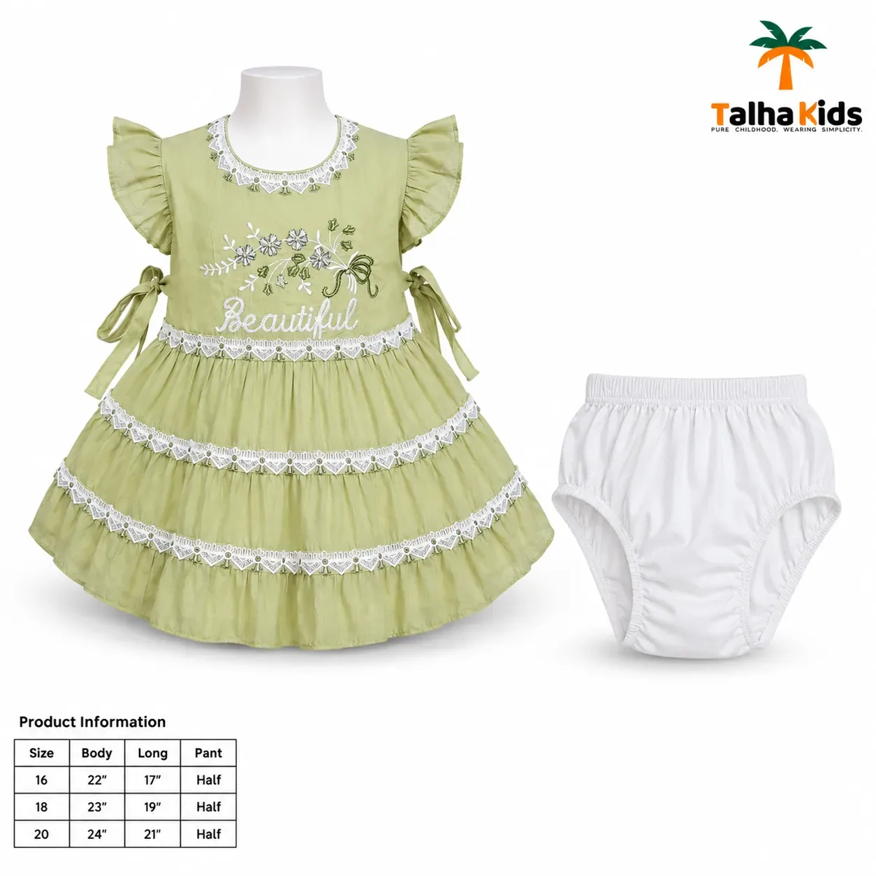 Girls’ Pistachio Green Embroidered Frock with White Bloomer