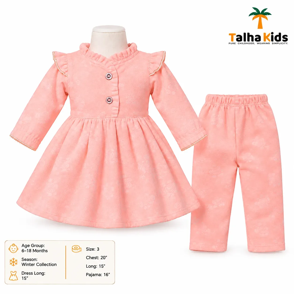 Baby Girls' Winter Frock & Pant Set – Long Sleeve Floral Design | 6–18 Months