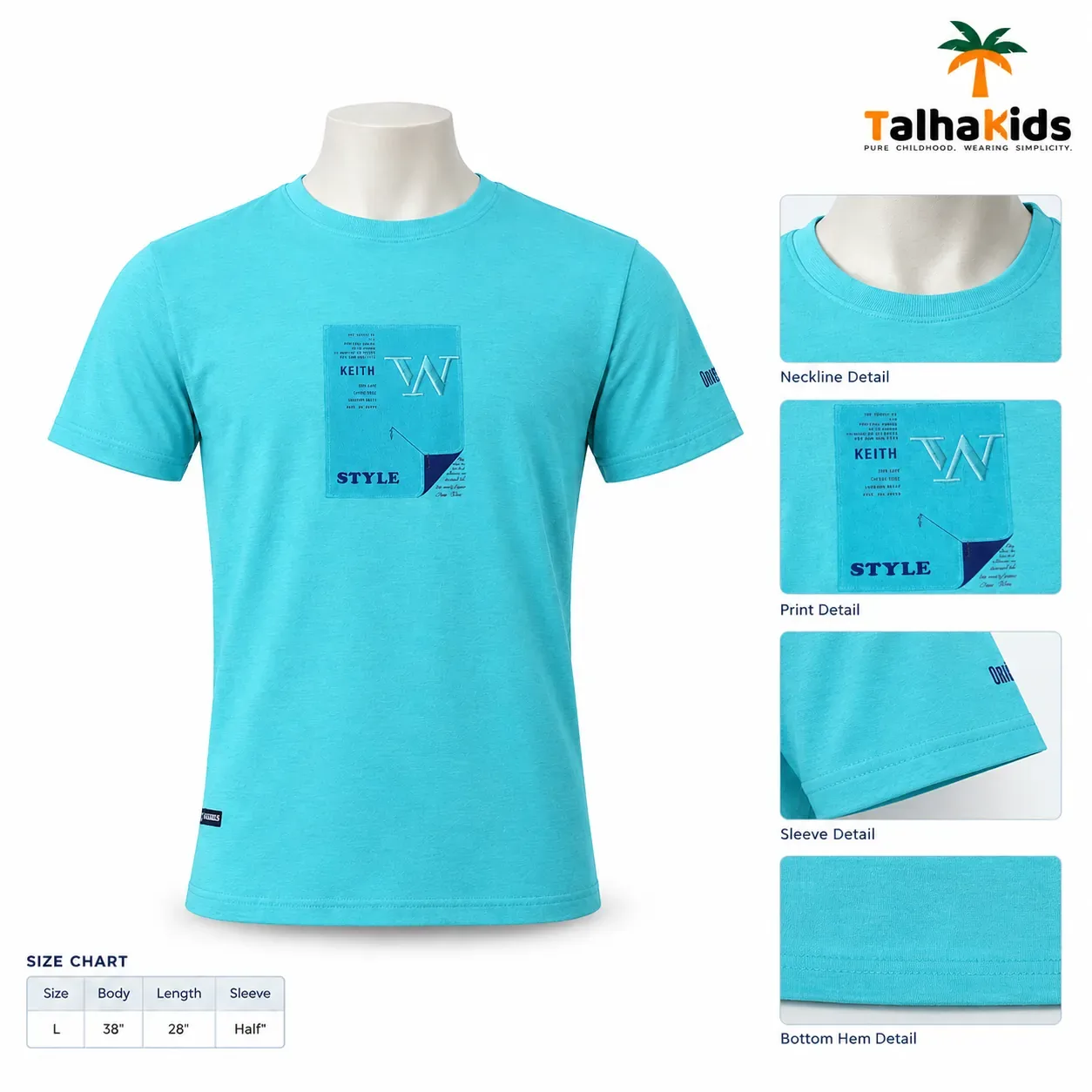 Talha Kids Half-Sleeve T-Shirt – Turquoise with Front Graphic Print