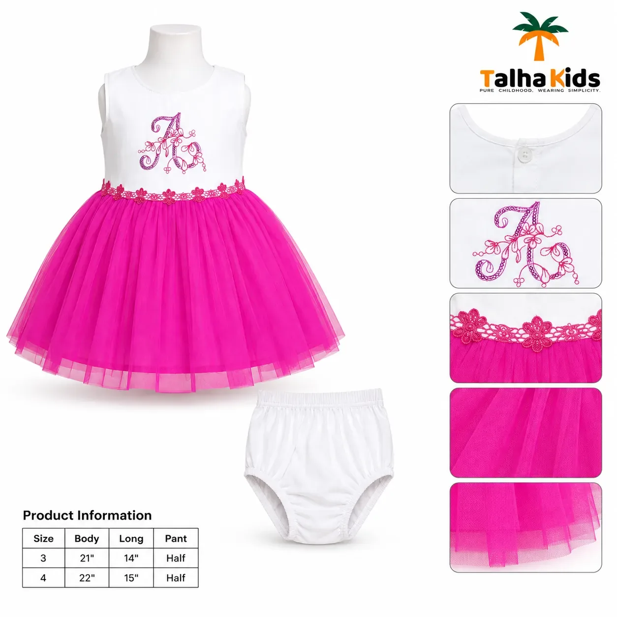 Girls’ White & Hot Pink Embroidered Tulle Frock with Matching Half Pant