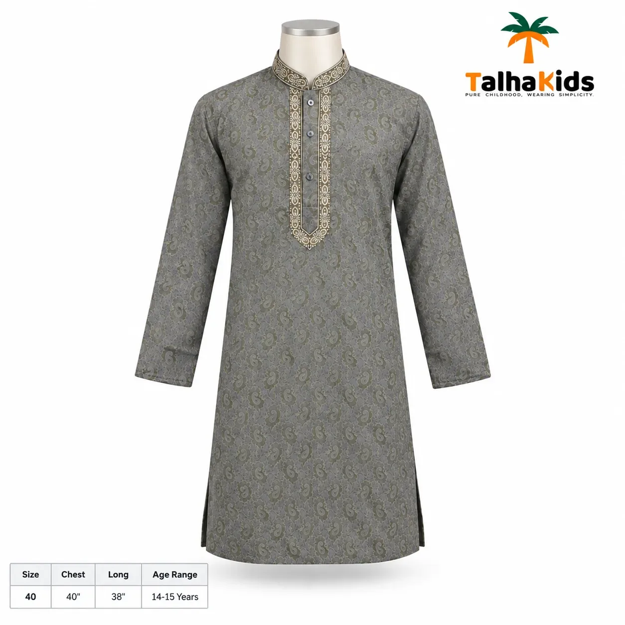 Talha Kids Boys' Panjabi – Paisley Print with Embroidered Collar & Placket