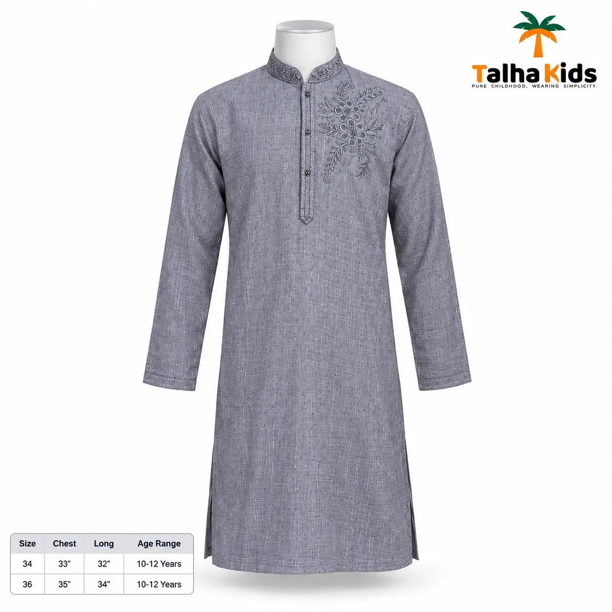 Talha Kids Boys' Embroidered Panjabi – Grey
