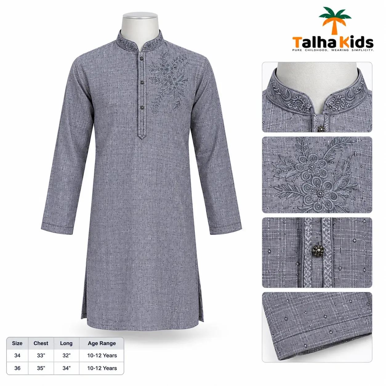 Talha Kids Boys' Embroidered Panjabi – Grey