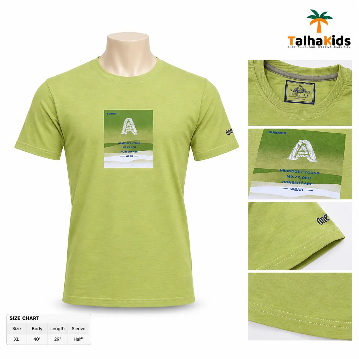 One Plus Half-Sleeve Printed T-Shirt – Lime Green, Size XL