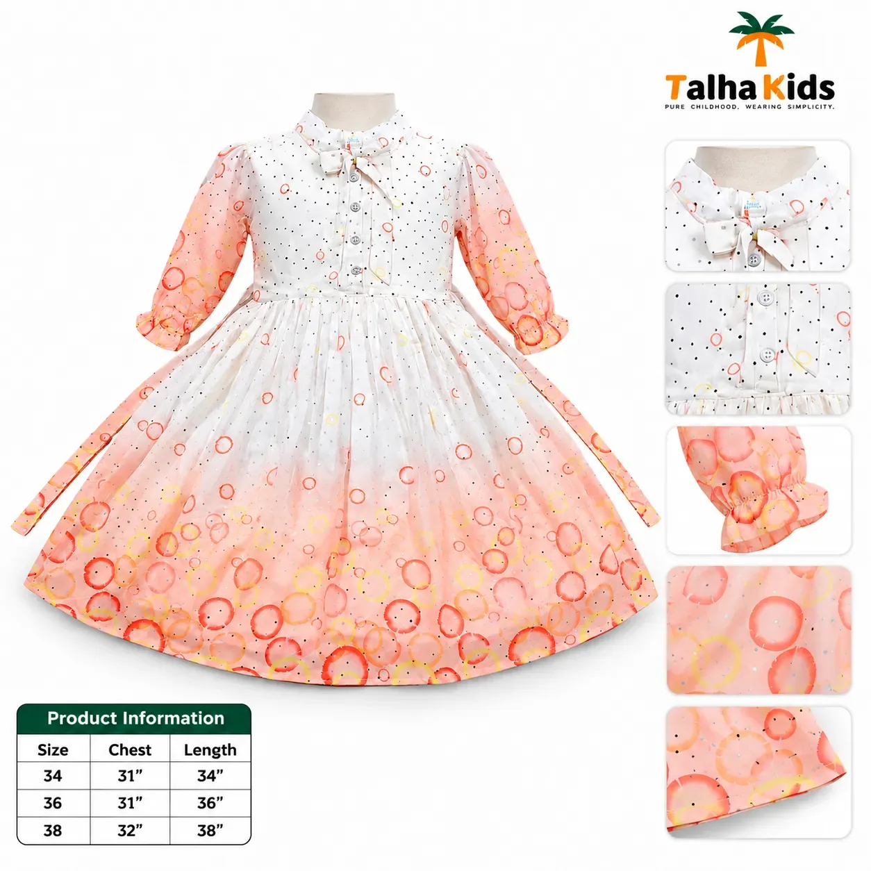 Girls’ Printed Full-Sleeve Party Frock – Yellow, Peach & Pink Color Variants