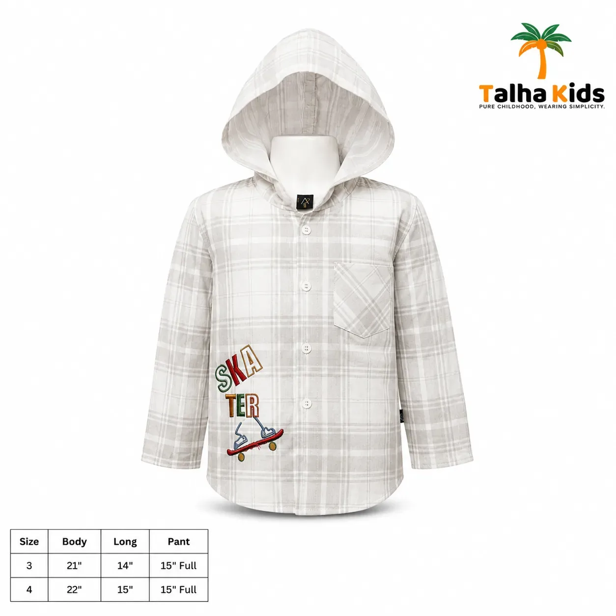 Kids Hooded Check Shirt – White & Blue