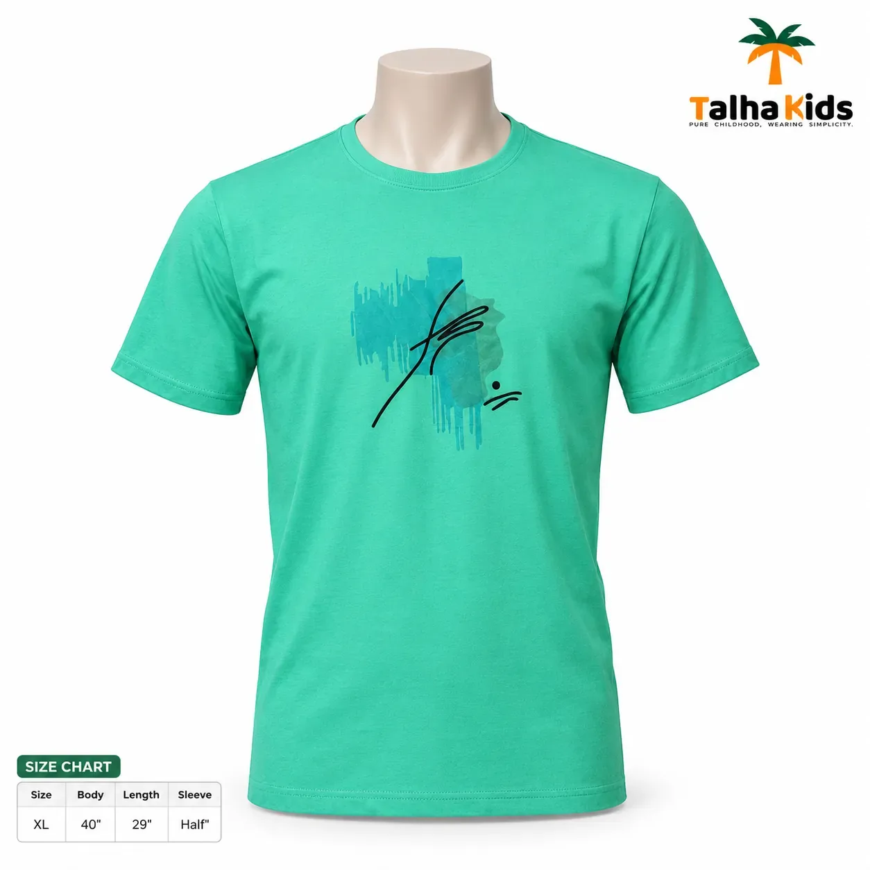 Boys' Half-Sleeve Round-Neck T-Shirt – Abstract Graphic Print – Mint Green – XL