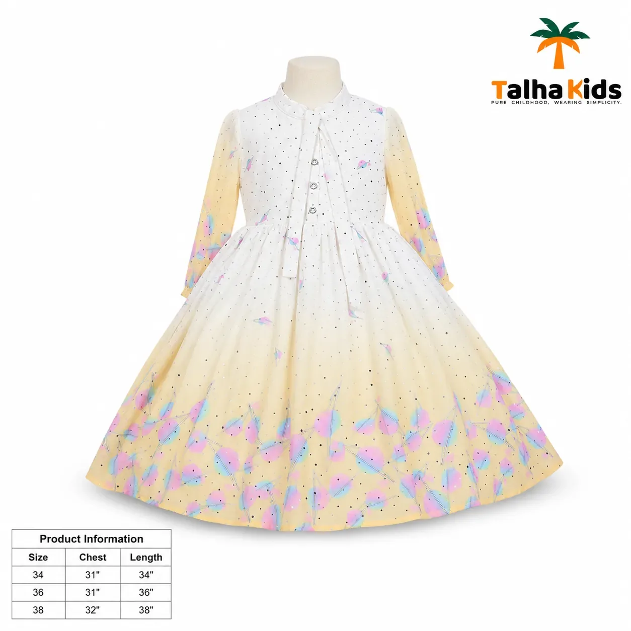 Girls’ Pastel Printed Long-Sleeve Frock – Full Flare Party