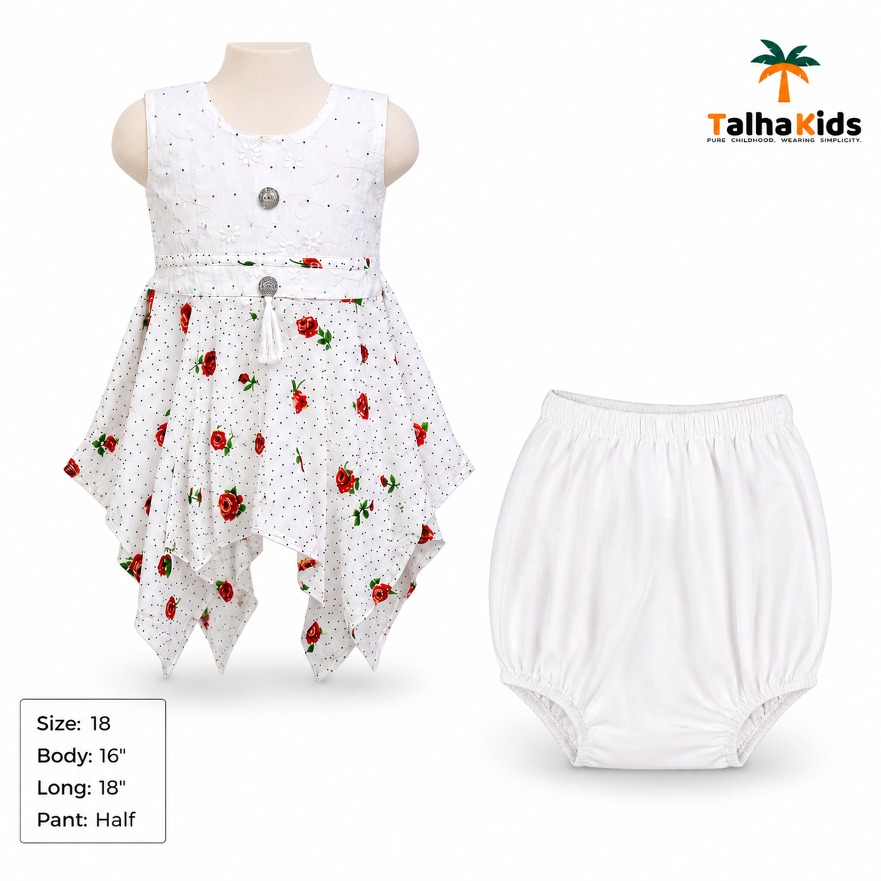 Girls White Embroidered Rose Print Handkerchief Hem Frock Set