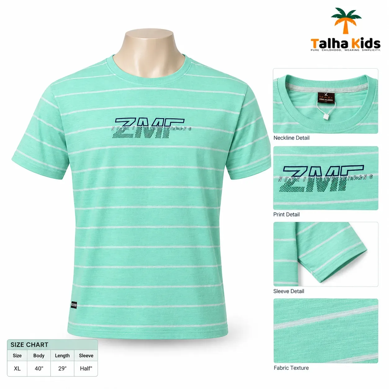 Zero Max Half-Sleeve T-Shirt – Mint Green with Horizontal Stripes – XL