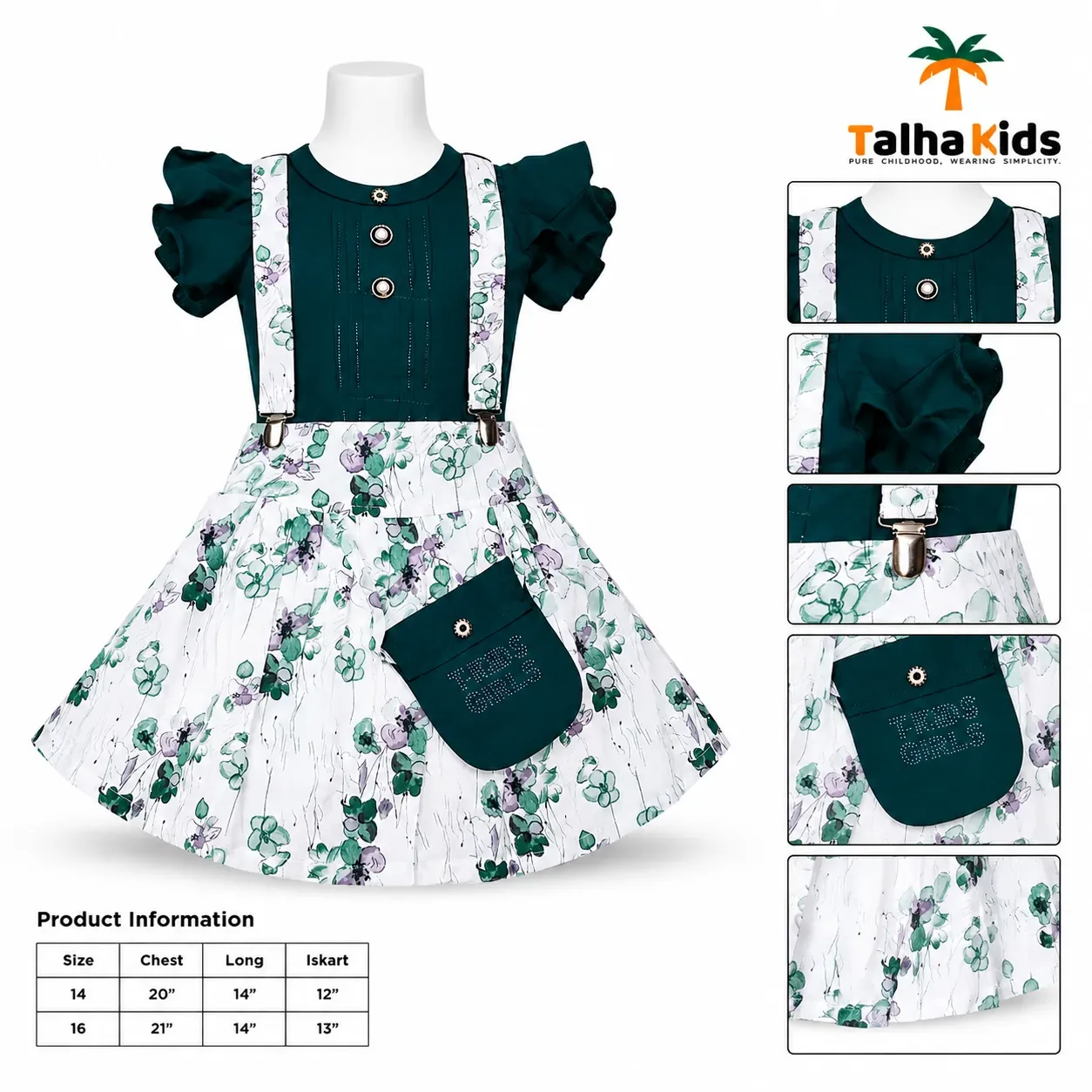 Girls’ Floral Suspender Frock Set – Puff Sleeve Dress with Matching Pouch