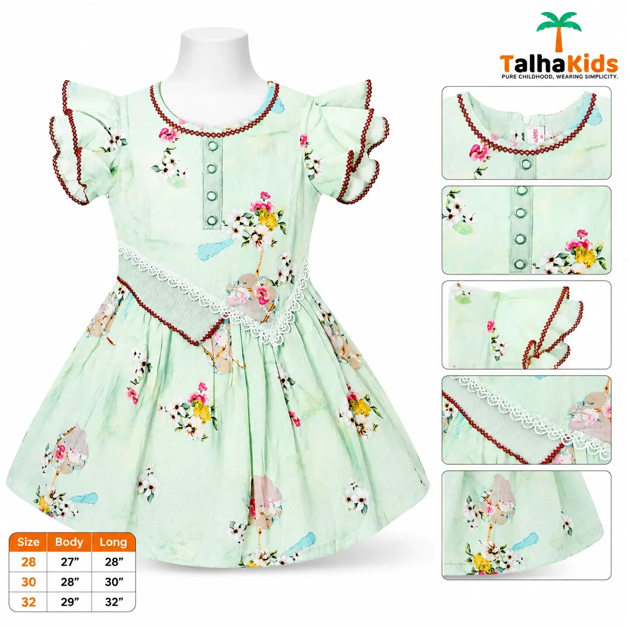 Talha Kids Floral Printed Girls Dress with Lace Detail