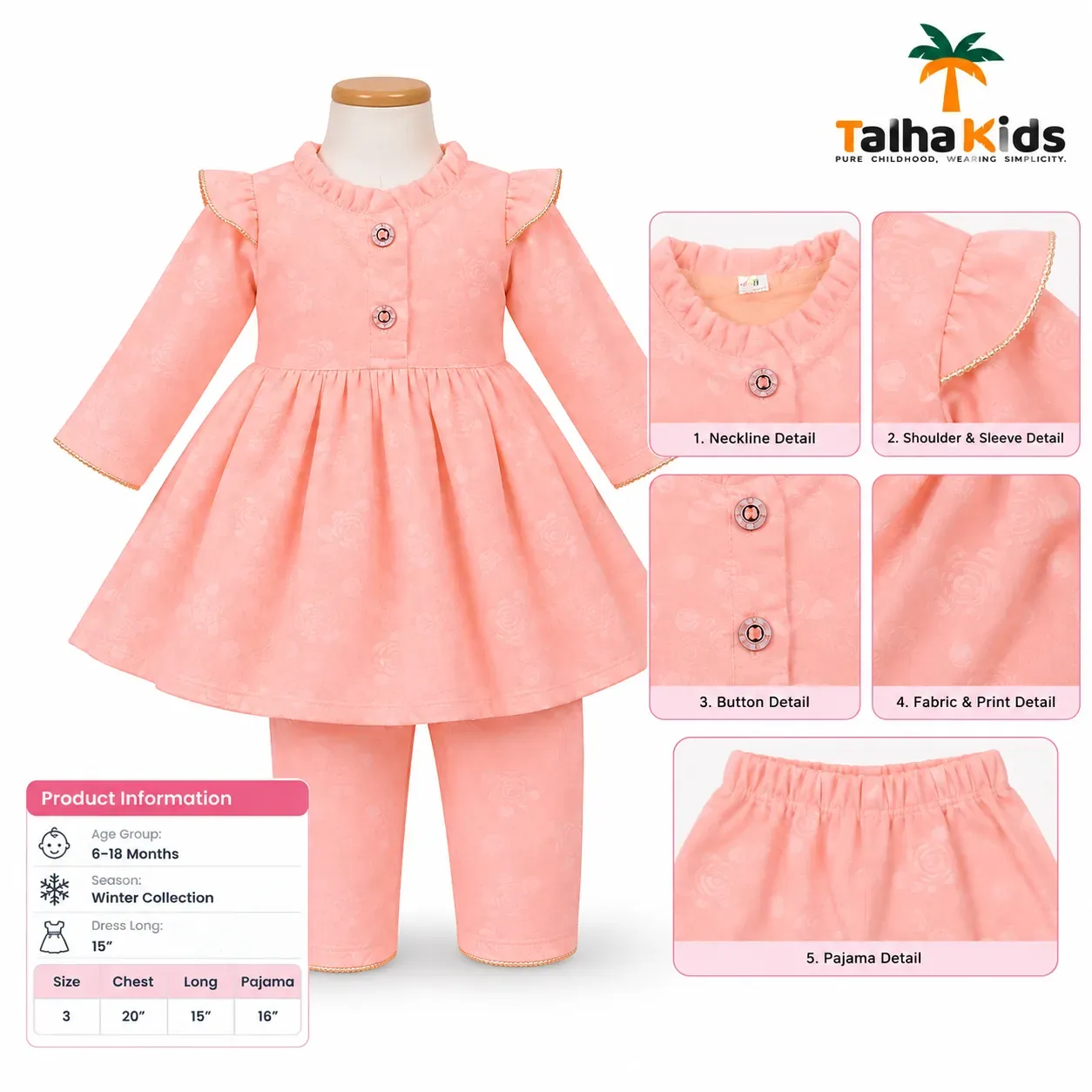 Baby Girls' Winter Frock & Pant Set – Long Sleeve Floral Design | 6–18 Months