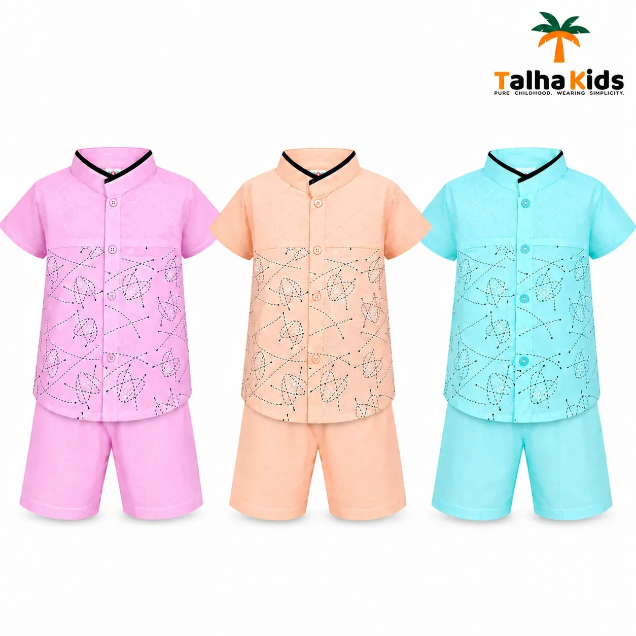Boys’ Printed Fotua Set with Half Pant – Pink, Peach & Aqua