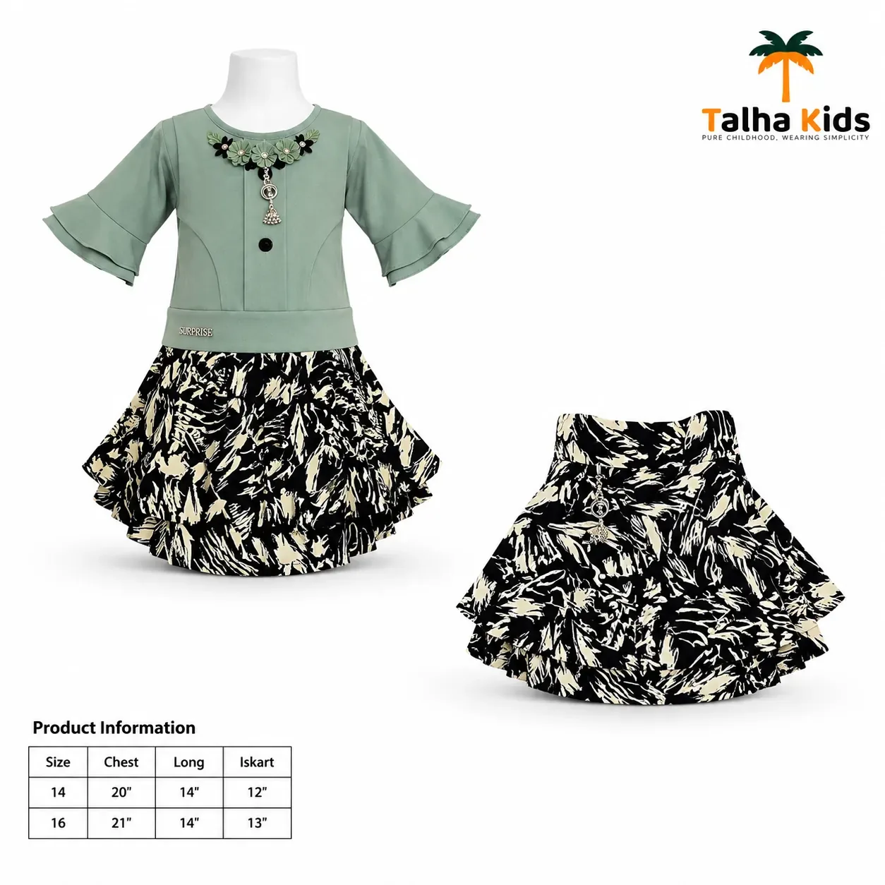 Girls’ Floral Embellished Top with Black & Cream Printed Skirt Set – 3 Colors