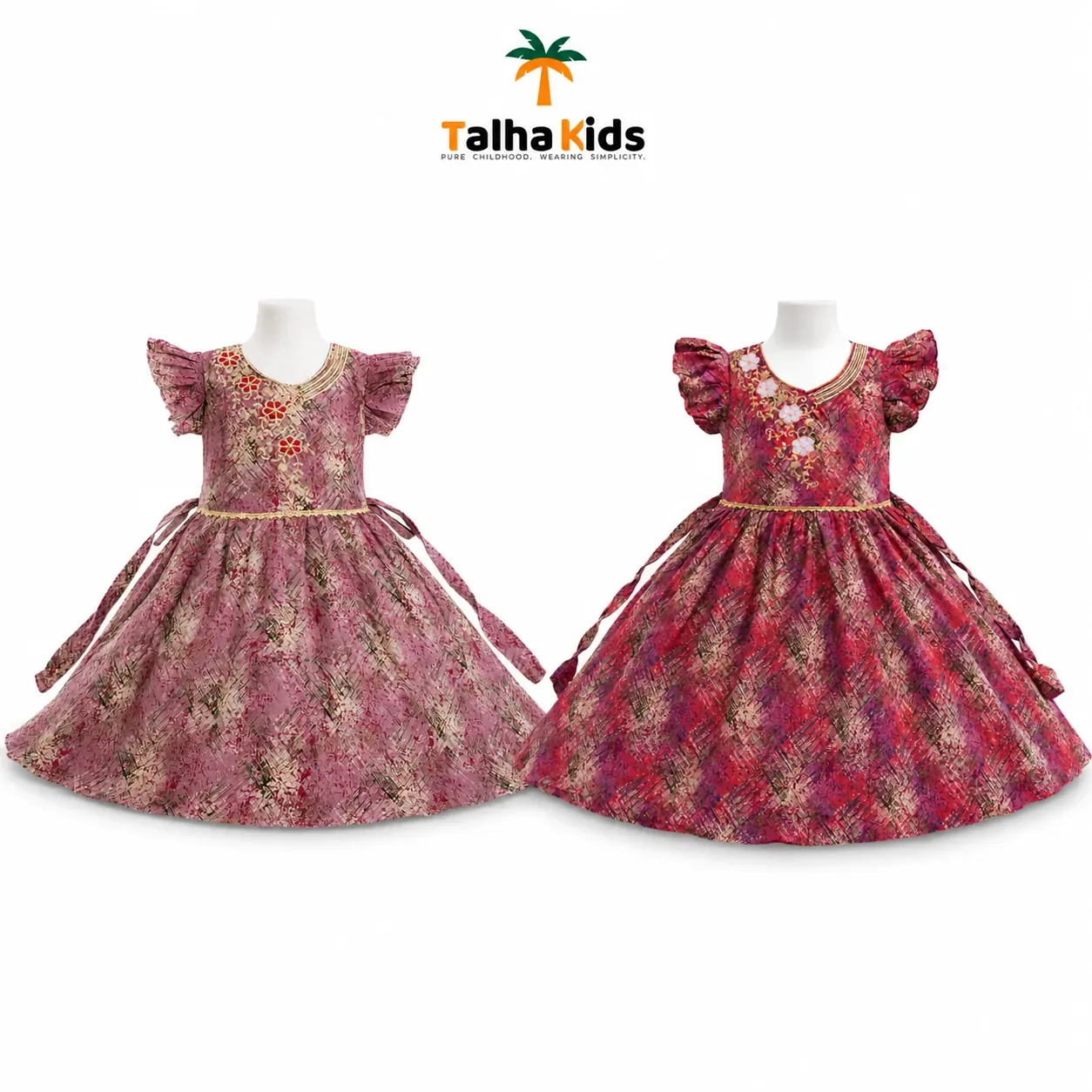 Alams Girls Printed Flutter Sleeve Frock – Mauve & Red