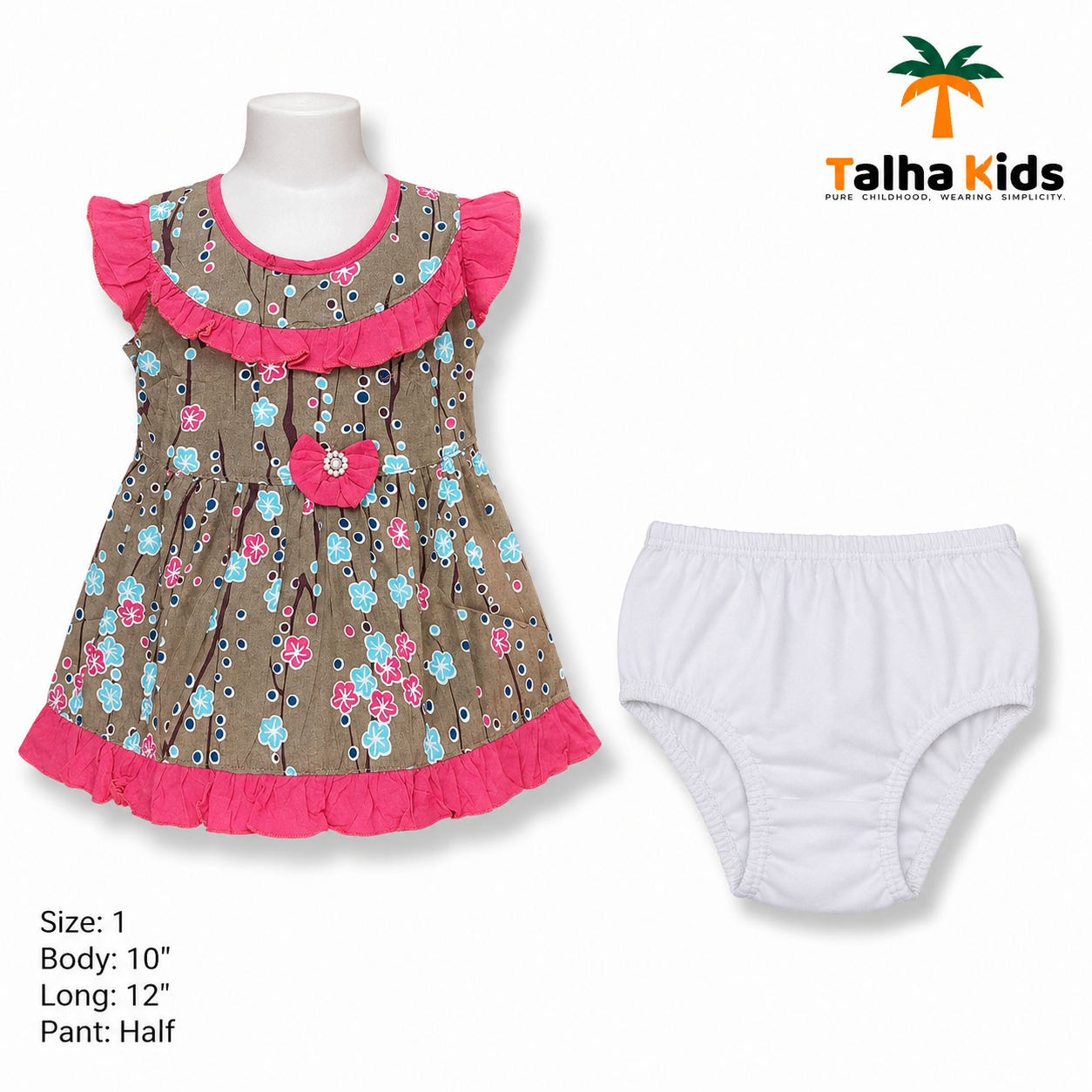 Girls’ Floral Print Frock with Pink Ruffle Detailing & Matching Half Pant