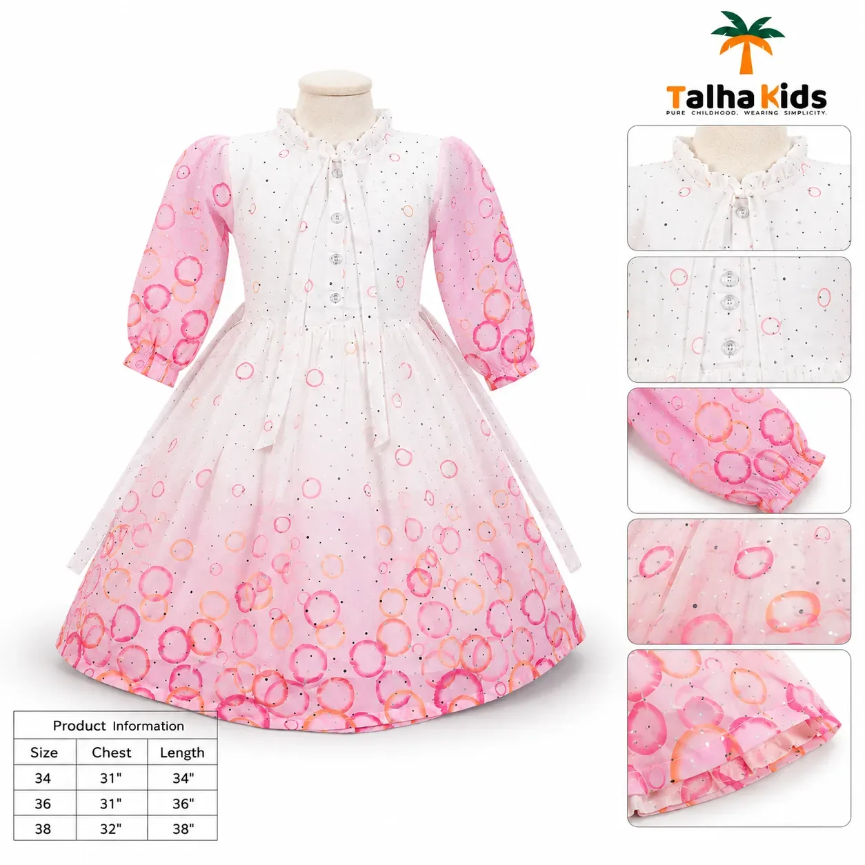 Girls’ Printed Full-Sleeve Party Frock – Yellow, Peach & Pink Color Variants