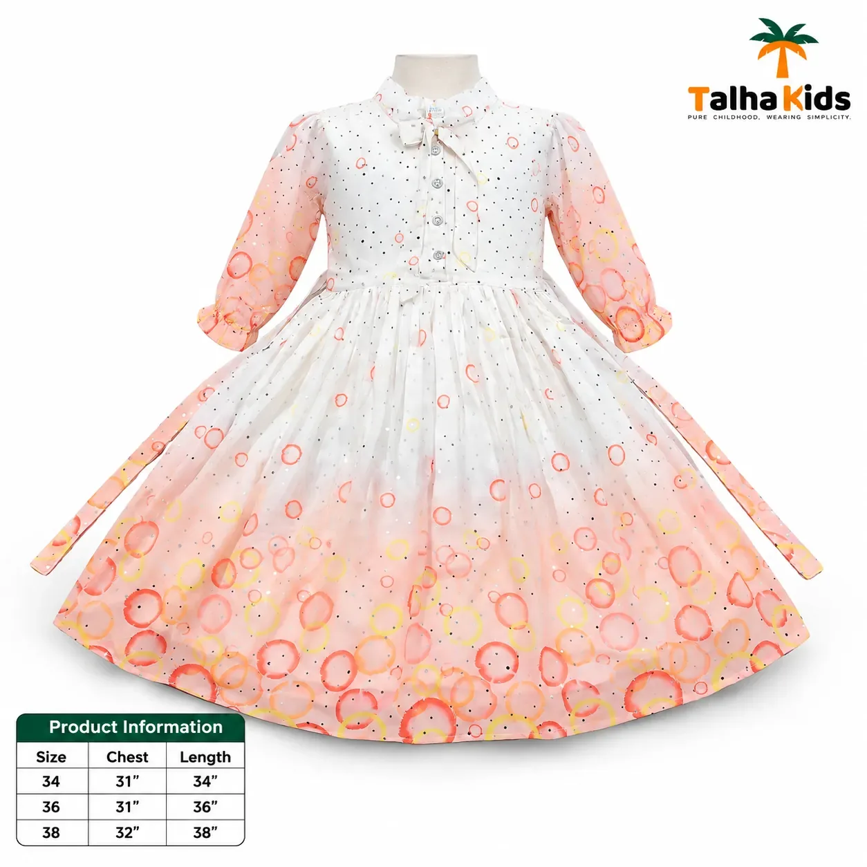 Girls’ Printed Full-Sleeve Party Frock – Yellow, Peach & Pink Color Variants