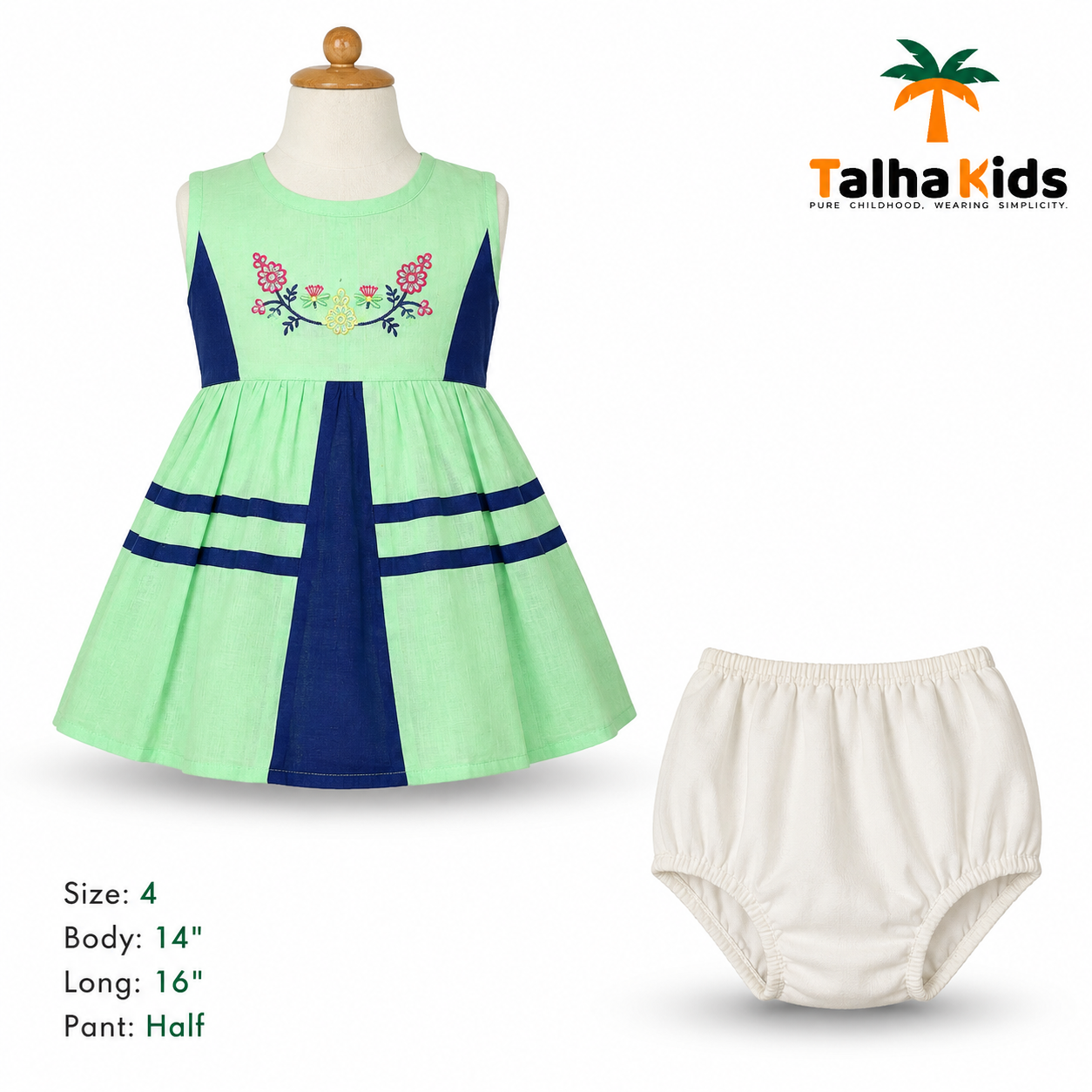 Girls Mint Green Embroidered Frock Set with Half Pant | Size 4