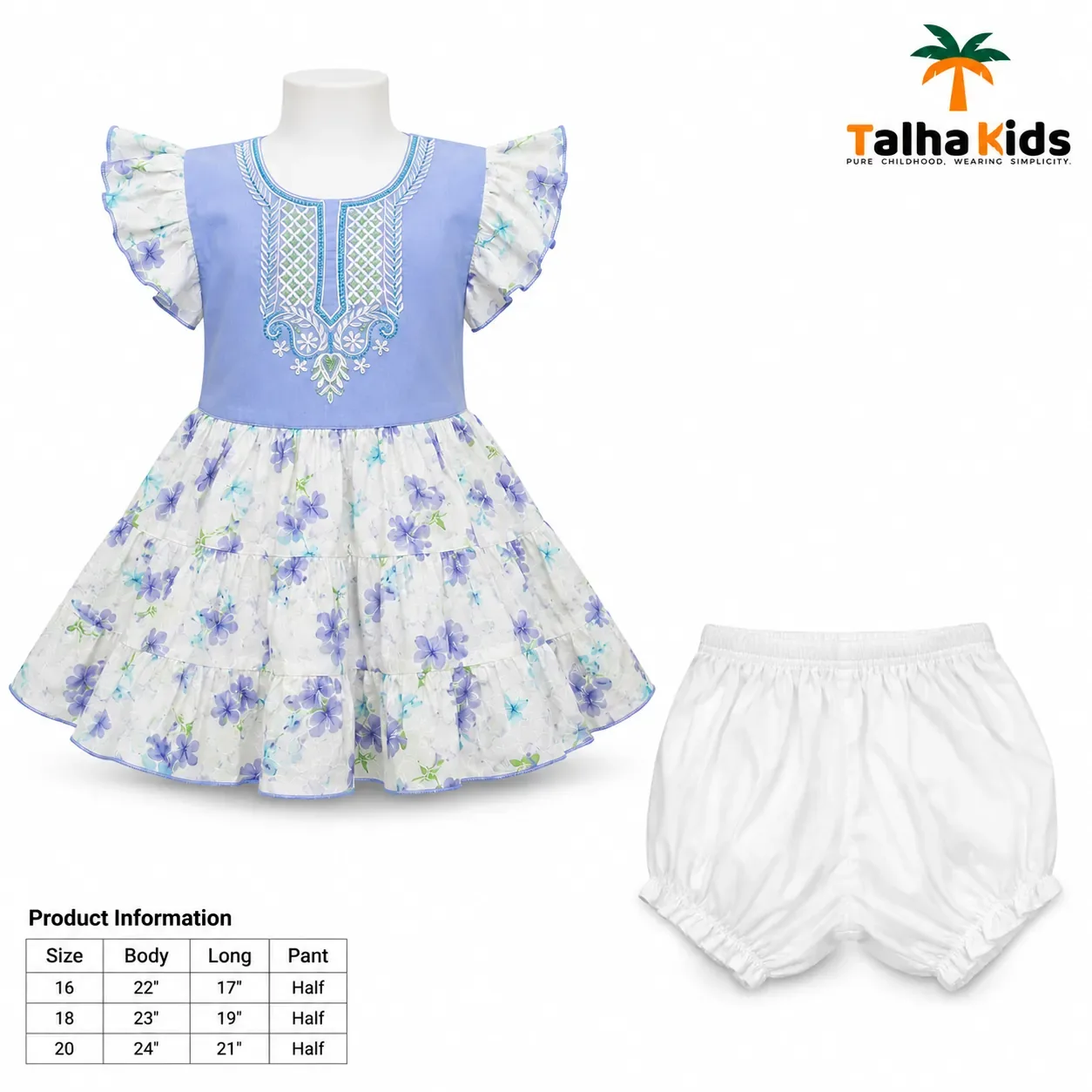 Girls' Floral Embroidered Frock with Matching Half Pant