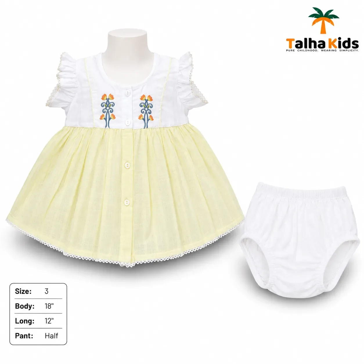 Girls’ Embroidered White & Pale Yellow Frock with Matching Bloomer