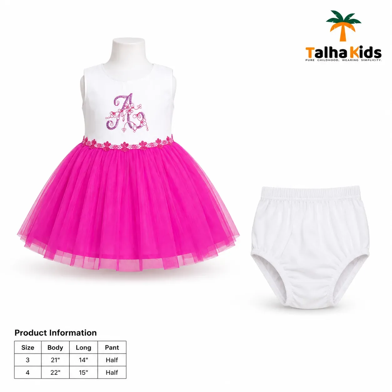 Girls’ White & Hot Pink Embroidered Tulle Frock with Matching Half Pant