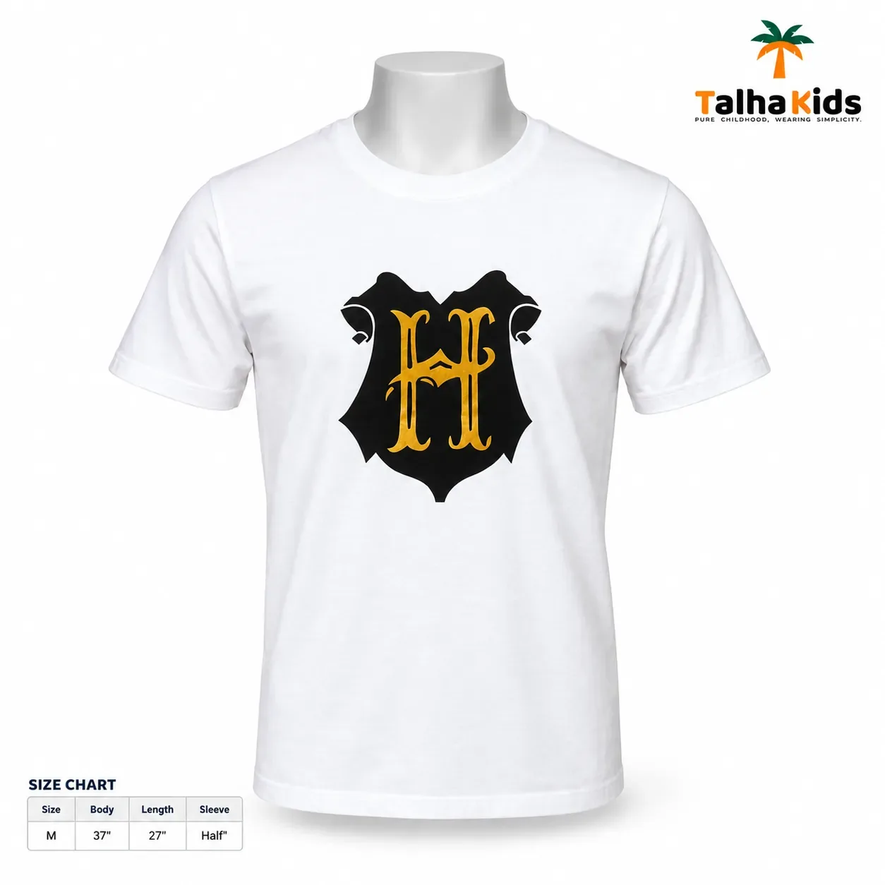Boys' White T-Shirt – Black & Gold Graphic Print