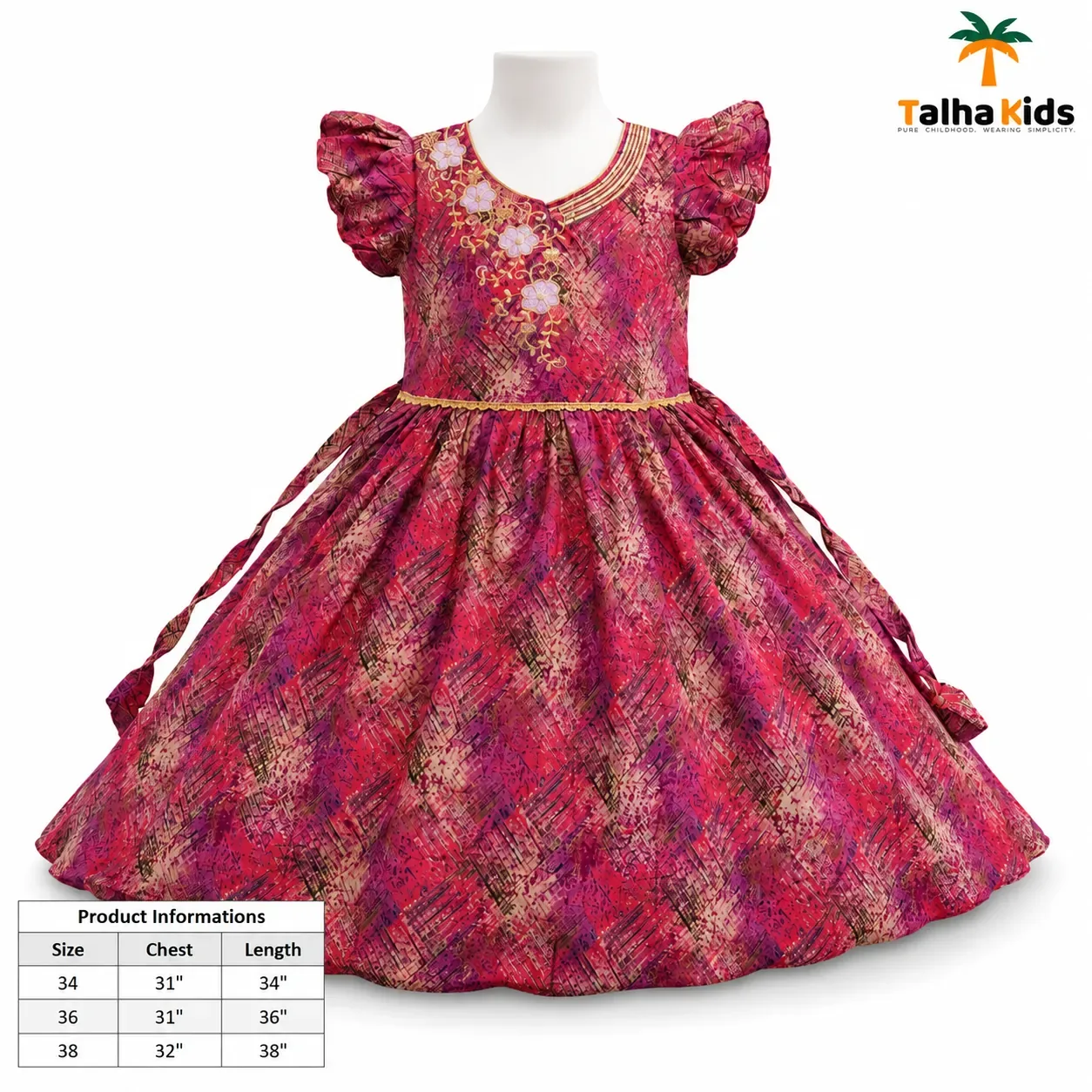 Alams Girls Printed Flutter Sleeve Frock – Mauve & Red