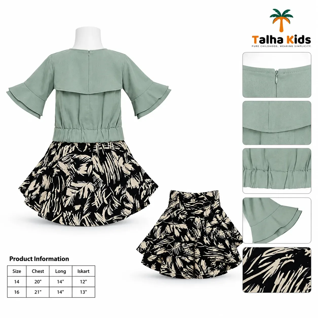 Girls’ Floral Embellished Top with Black & Cream Printed Skirt Set – 3 Colors