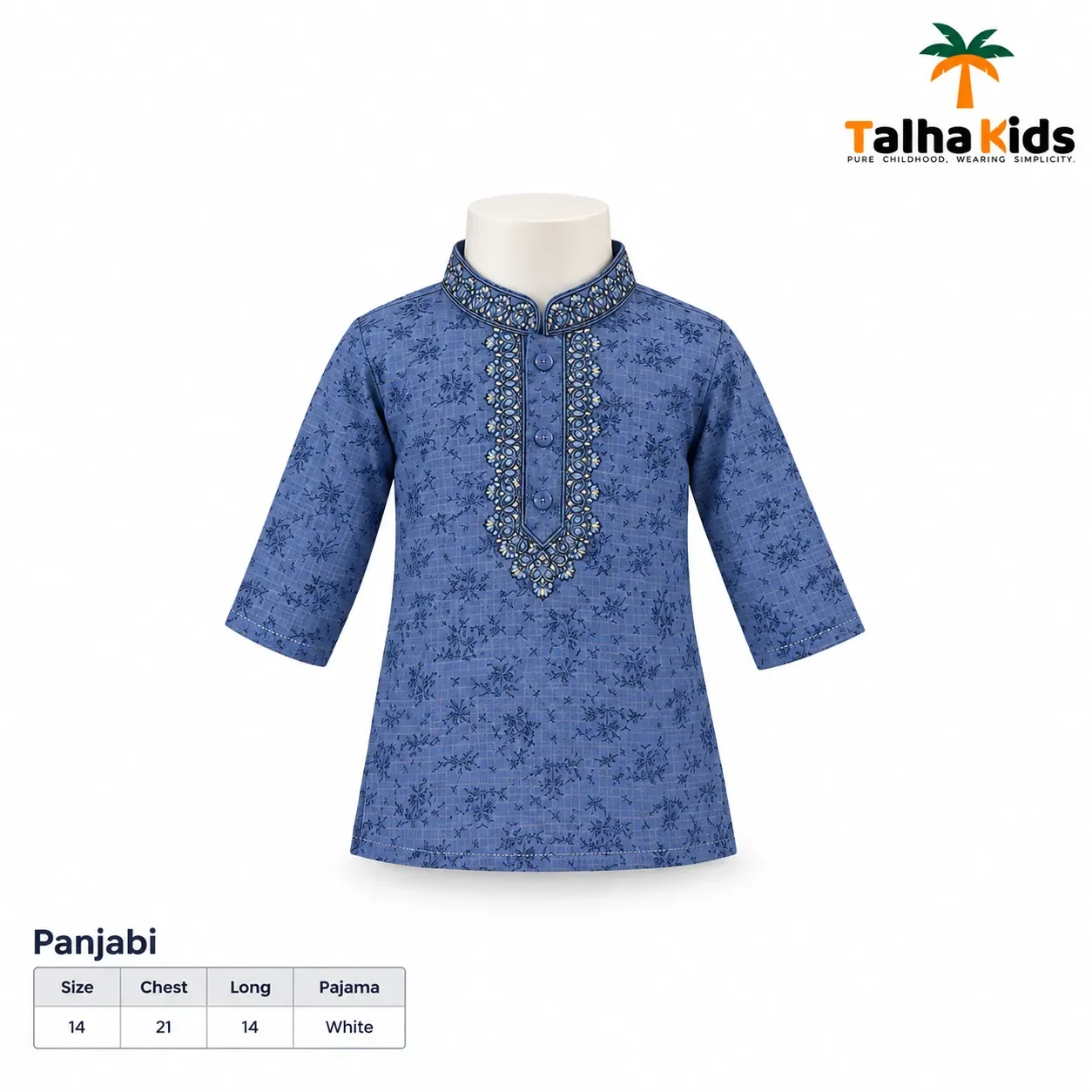 Talha Kids Panjabi & Pajama Set – Blue Printed Panjabi with White Pajama