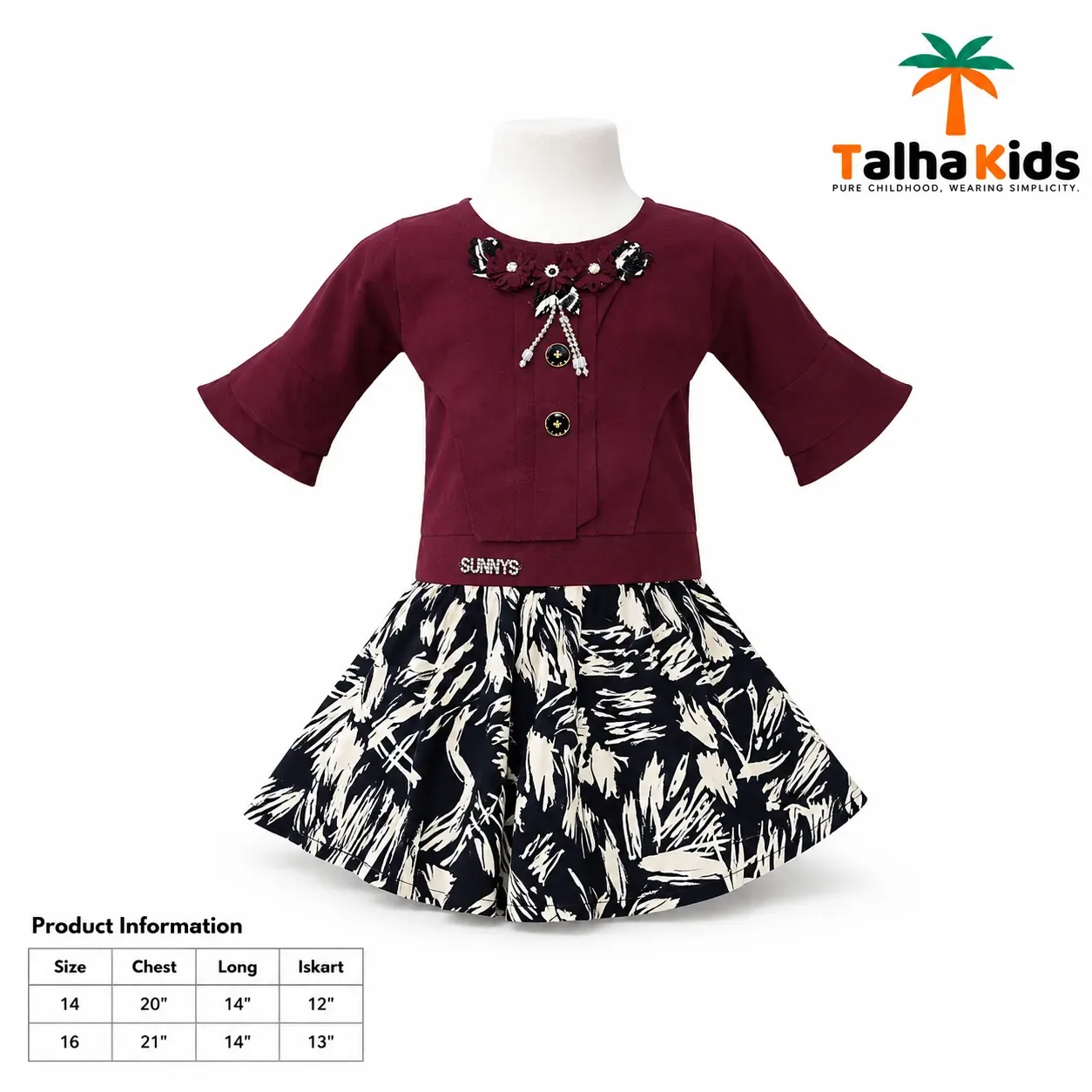 Girls’ Floral Embellished Top with Black & Cream Printed Skirt Set – 3 Colors