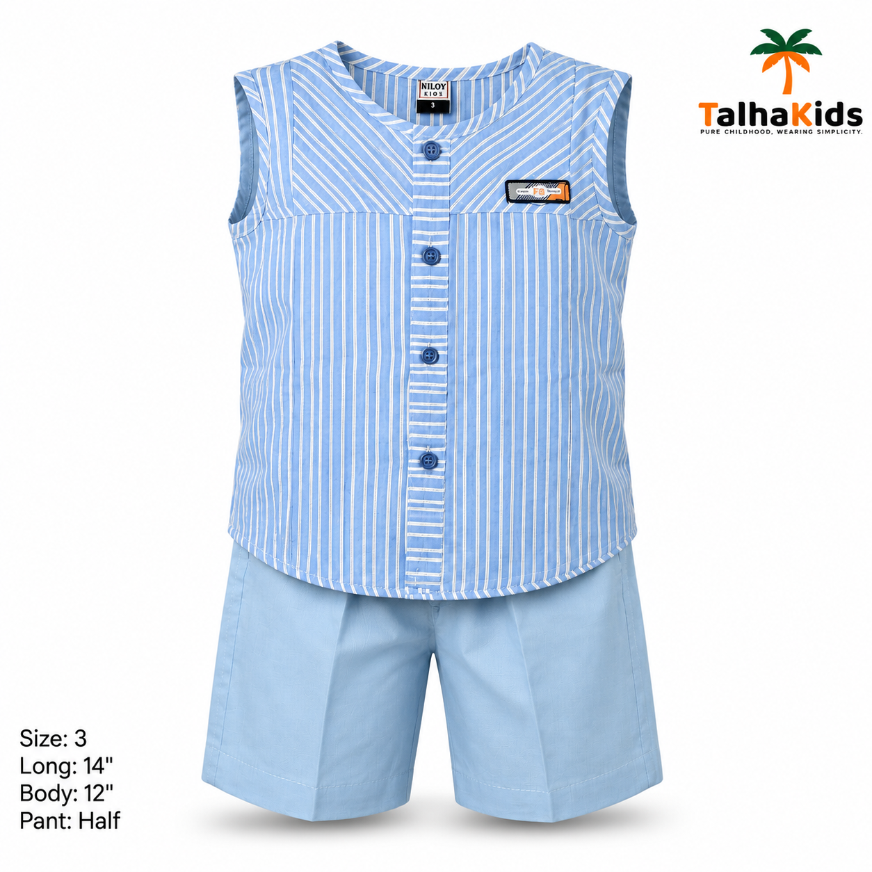 Sky Blue Striped Sleeveless Cotton Fotua & Half Pant Set
