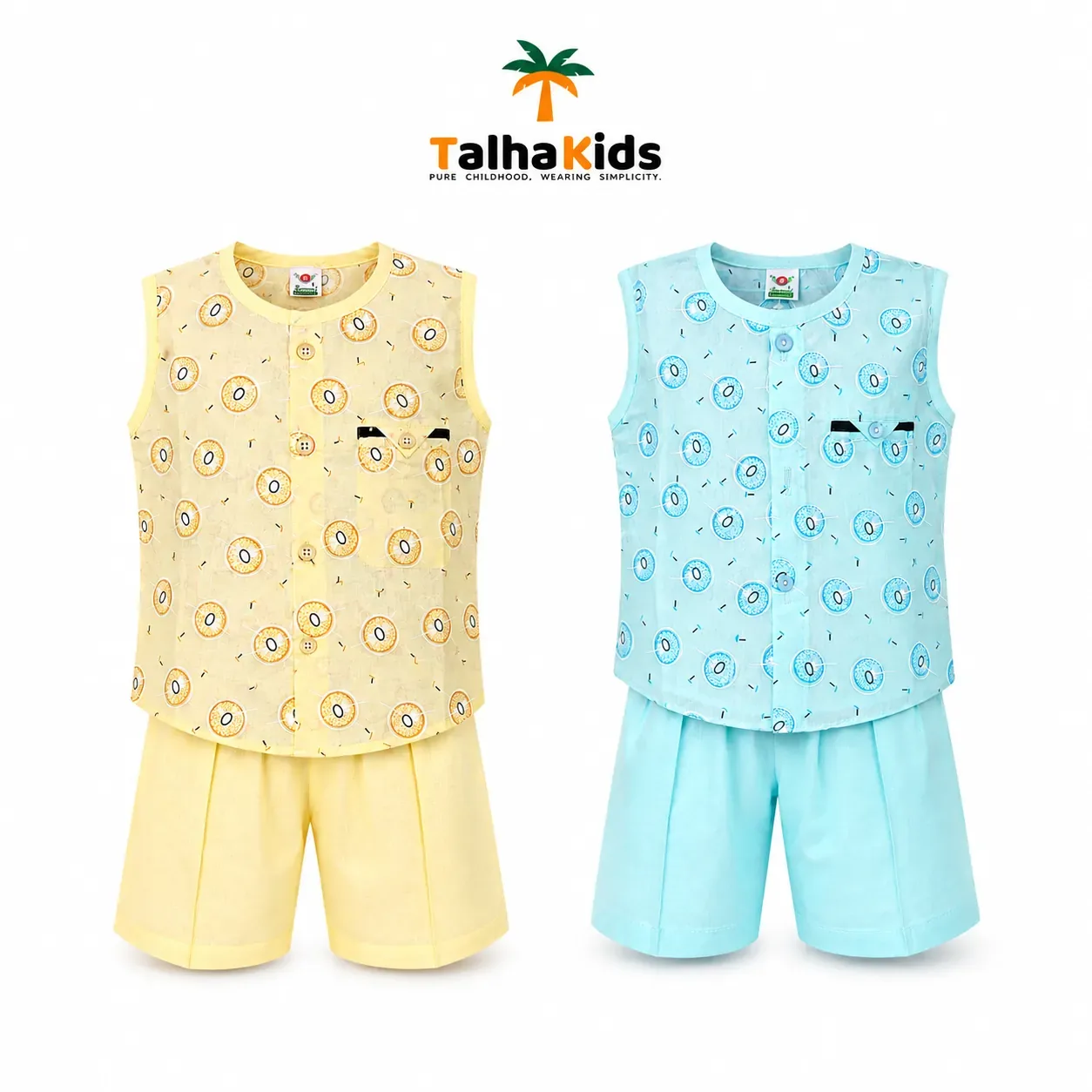 TalhaKids Boys Sleeveless Printed Fotua Set – Premium Cotton 2-Piece