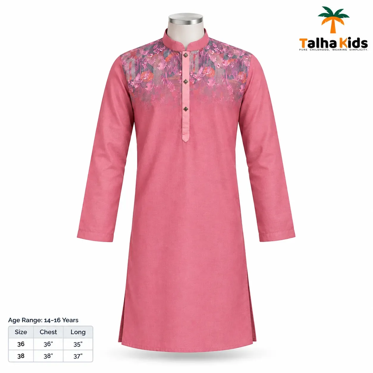 Boys' Panjabi – Pink Floral Printed Yoke – 14–16 Years