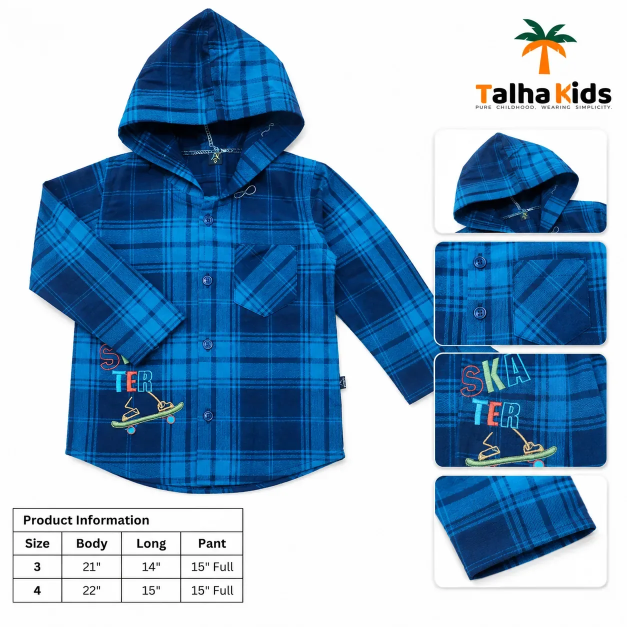 Kids Hooded Check Shirt – White & Blue
