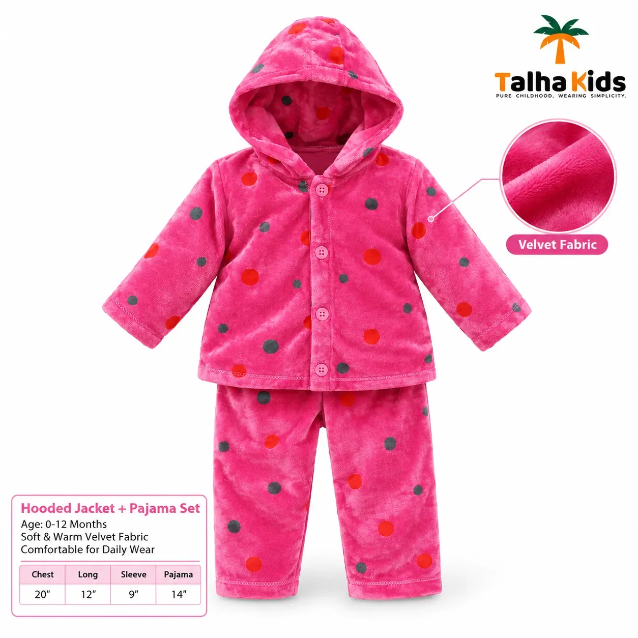 Talha Kids Baby Hooded Velvet Jacket – Polka Dot Print – 0–12 Months
