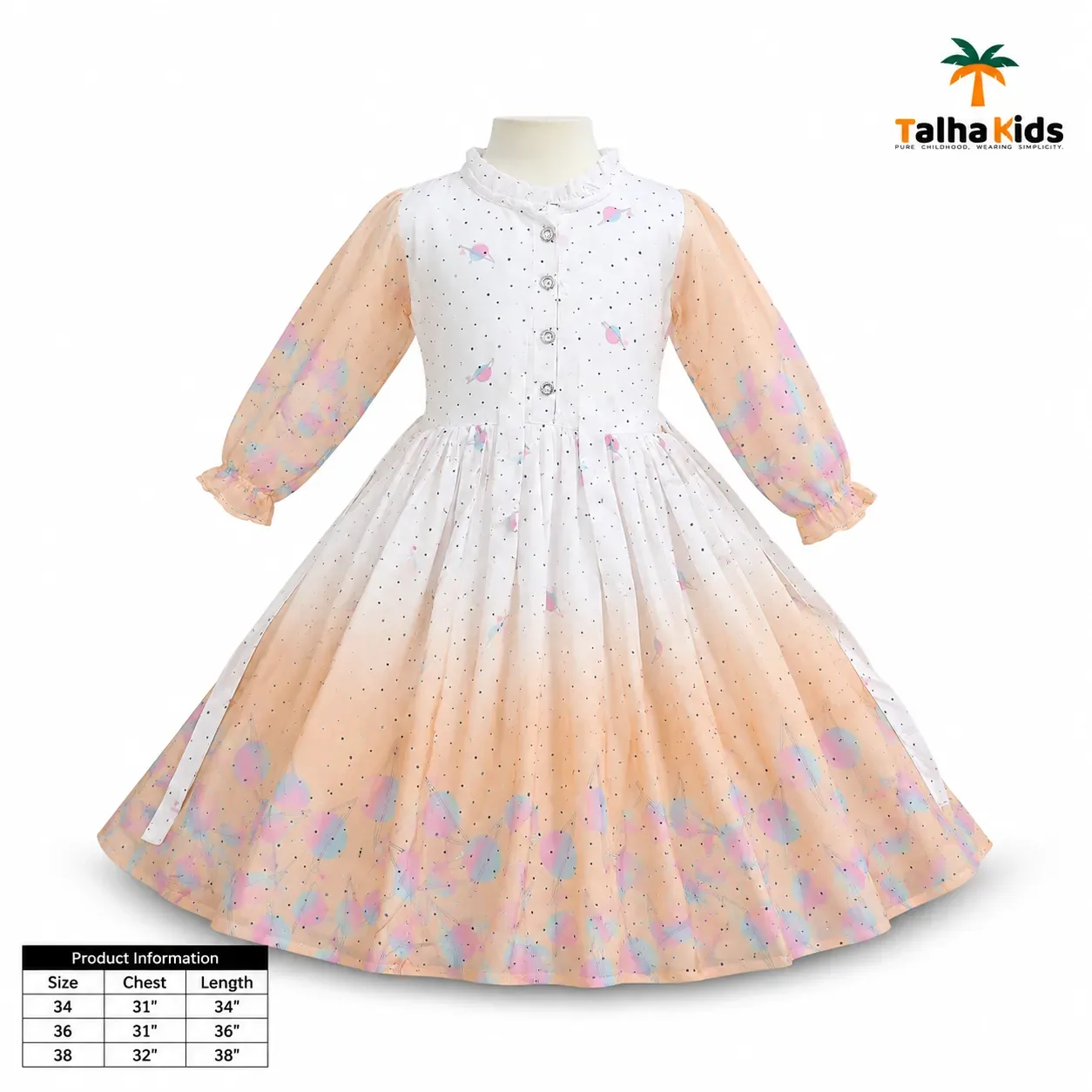 Girls’ Pastel Printed Long-Sleeve Frock – Full Flare Party