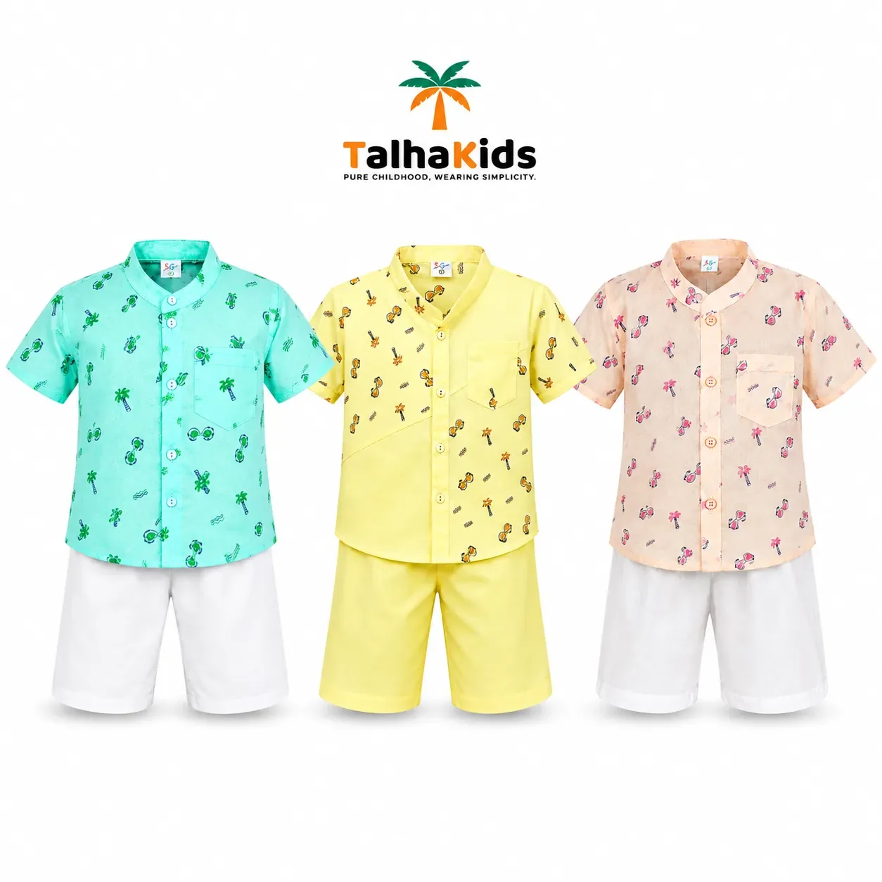 Boys’ Half-Sleeve Fotua Set – Printed Fotua with White Half Pant