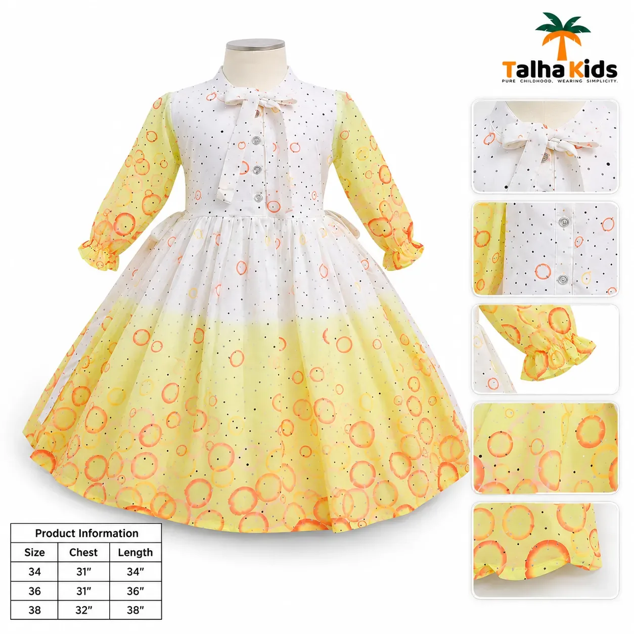 Girls’ Printed Full-Sleeve Party Frock – Yellow, Peach & Pink Color Variants