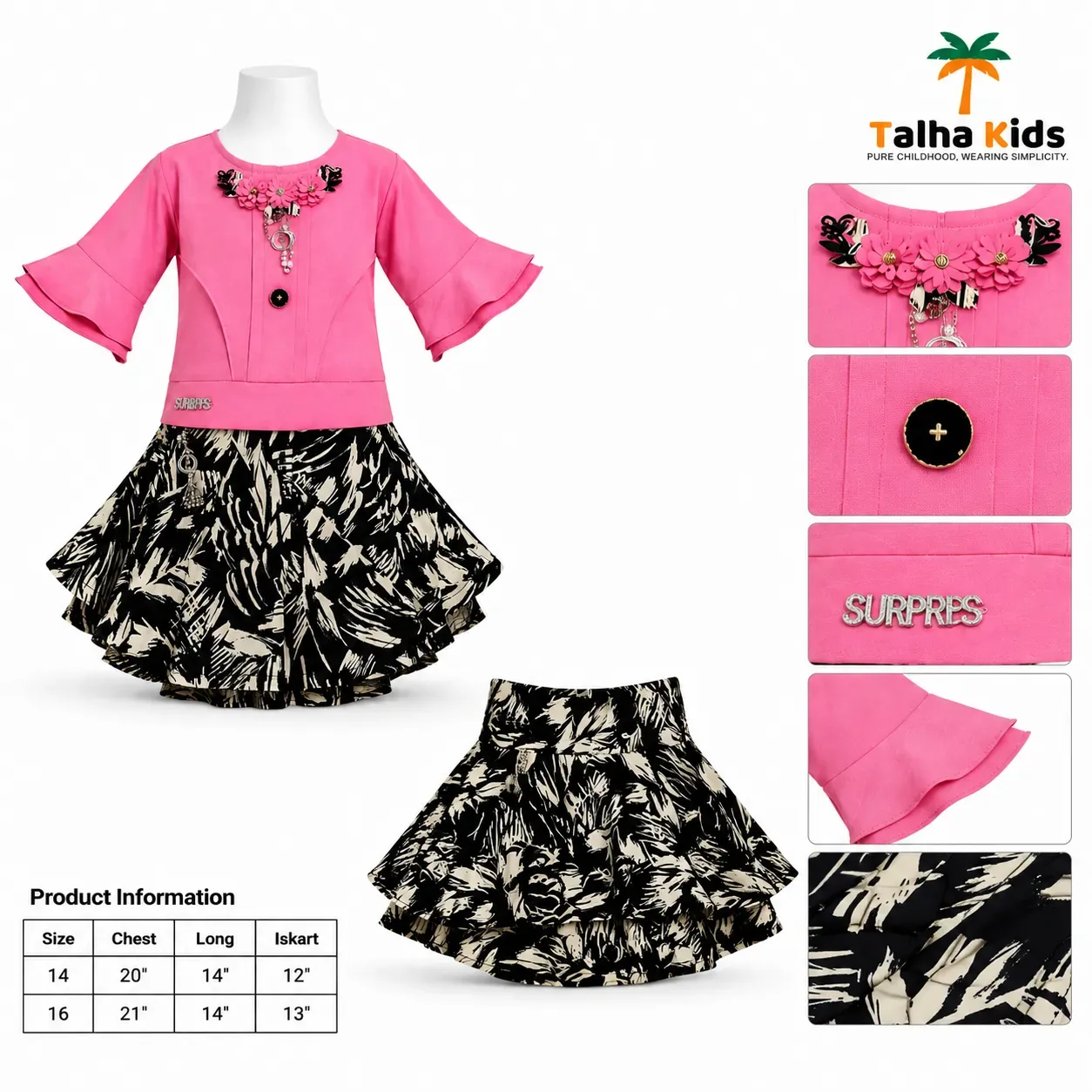 Girls’ Floral Embellished Top with Black & Cream Printed Skirt Set – 3 Colors