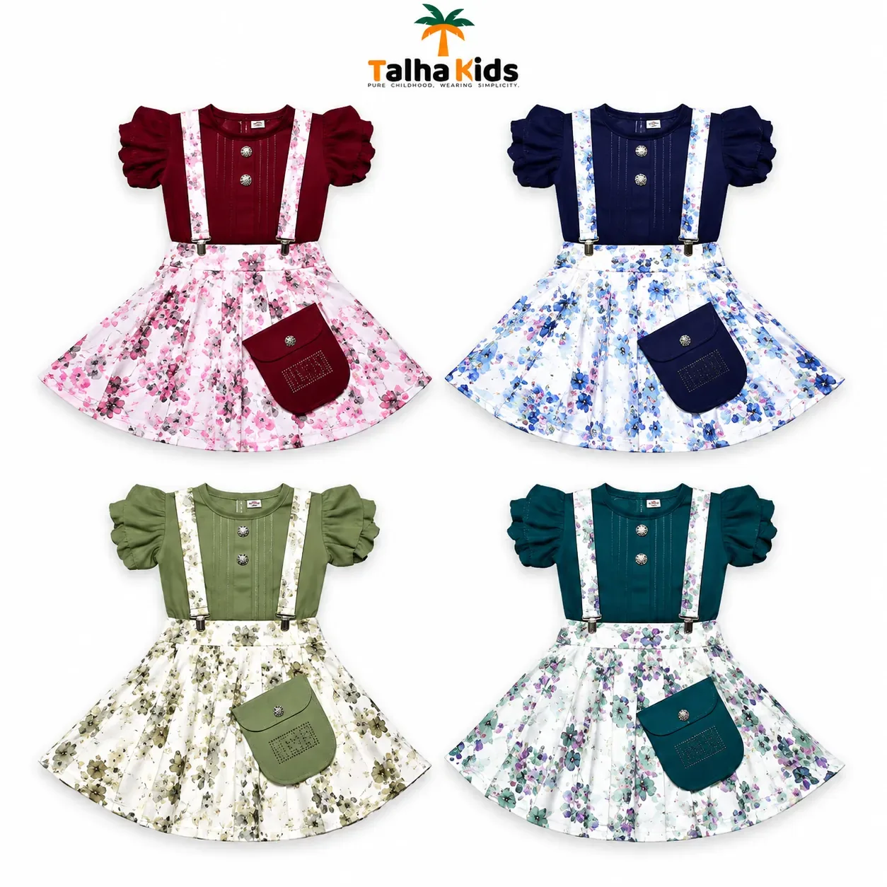 Girls’ Floral Suspender Frock Set – Puff Sleeve Dress with Matching Pouch