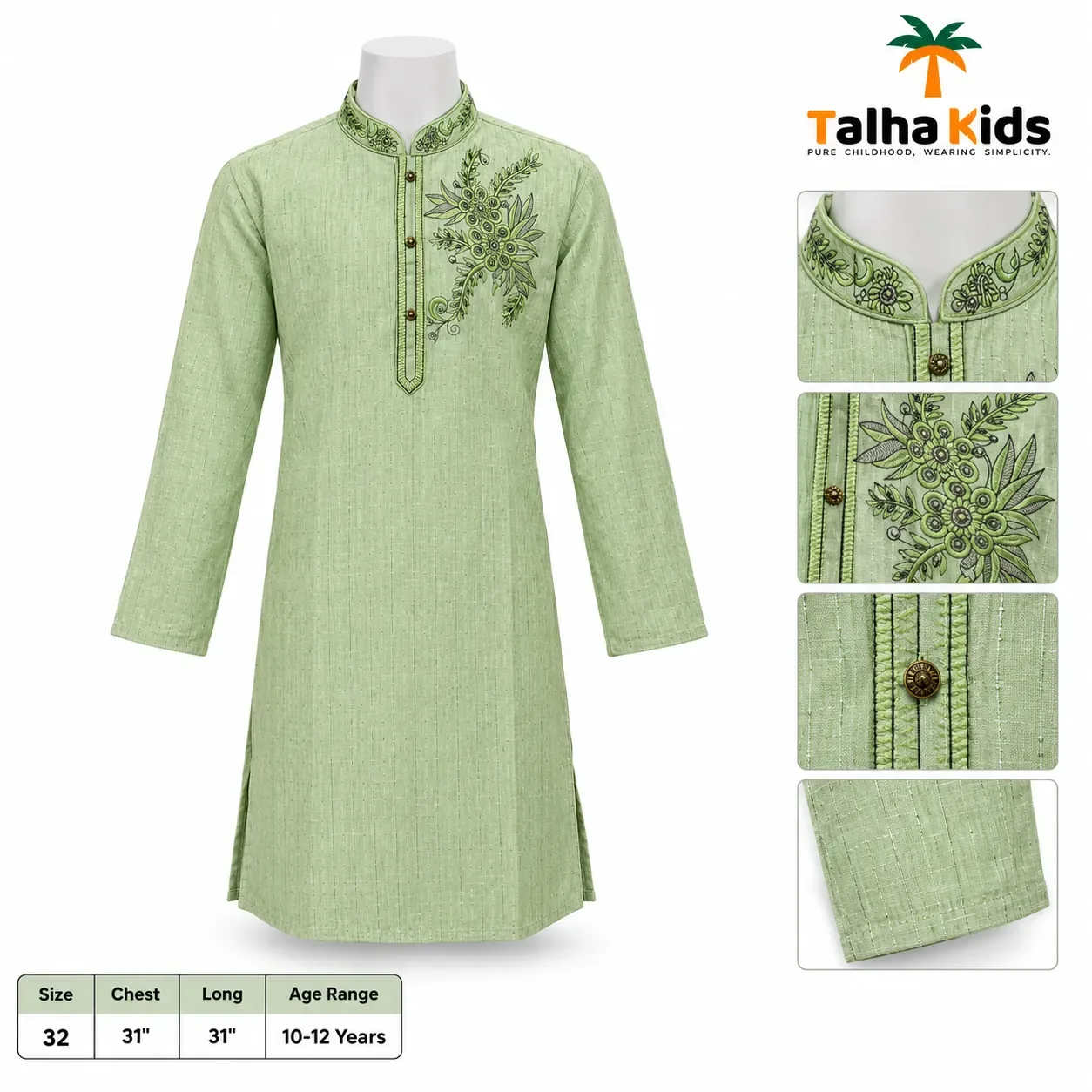 Talha Kids Boys' Panjabi – Light Sage Green Embroidered Front